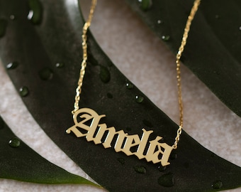 Old English Name Necklace, 14K Gold Name Necklace | Gothic Name Necklace, Goth Necklace | Name Plate Necklace, Personalized Name Necklace