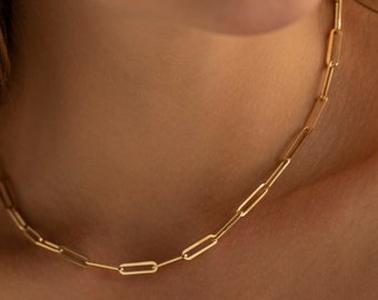 14K Gold Paperclip Chain Necklace, Thick Chain Necklace | Paper Clip Necklace, Gold Link Necklace | Gold Chain Choker, Sterling Silver Chain