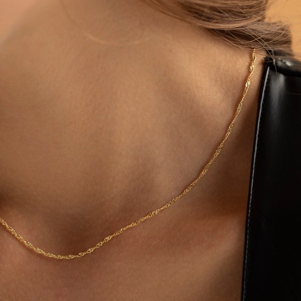 14K Gold Singapore Chain Necklace, Thin Gold Chain | Delicate Gold Chain Necklace, Simple Gold Chain Necklace | Dainty Gold Chain Necklace