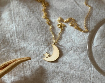 14K Gold Moon and Star Necklace, Silver Celestial Necklace | Silver Star Necklace, Celestial Pendant | Crescent Moon Necklace, Moon Pendant