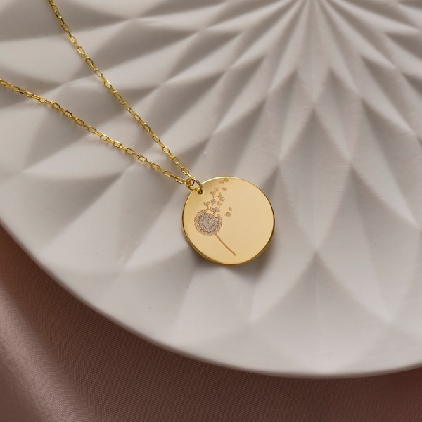 Simple Dandelion Necklace, 14K Gold Disc Necklace | Nature Necklace, Everyday Necklace Women | Dandelion Pendant, Dainty Floral Necklace