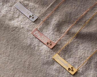 Custom Bar Necklace, 14K Gold Bar Necklace | Engraved Bar Necklace, Personalized Bar Necklace | Laser Engraved Pendant, Handwriting Necklace