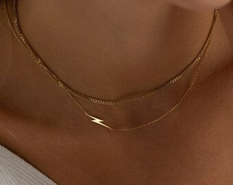 14K Gold Lightning Bolt Necklace, Simple Gold Necklace | Dainty Lightning Bolt Charm, Tiny Lightning Bolt Pendant | Silver Everyday Necklace