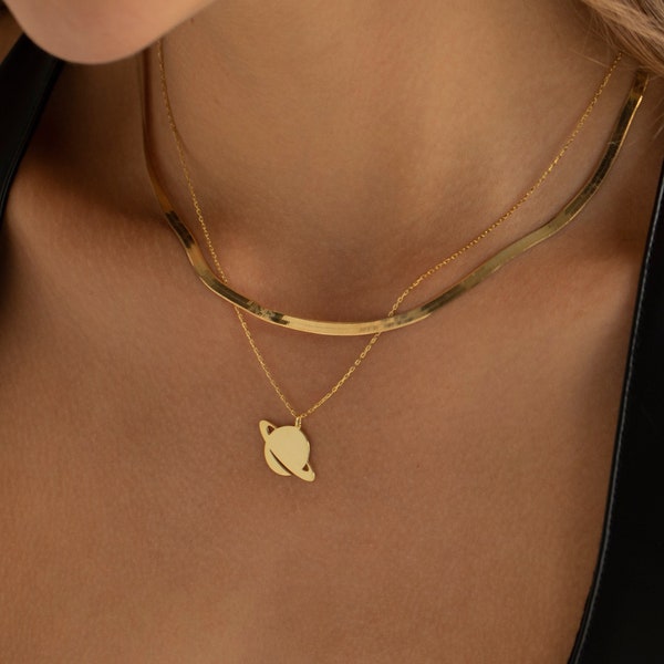 14K Gold Planet Necklace, Saturn Necklace | Gold Vermeil Planet Charm, Space Necklace, Saturn Pendant | Dainty Necklace, Celestial Necklace