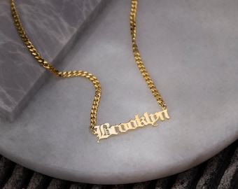 Old English Name Necklace, Gothic Name Necklace | Goth Necklace, Personalized Name Necklace | 14K Gold Name Necklace, Nameplate Necklace