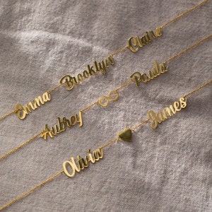 14K Gold Multiple Name Necklace, Dainty Name Necklace | 2 Name Necklace, 3 Name Necklace | Name Plate Necklace, 14K Gold Nameplate Necklace