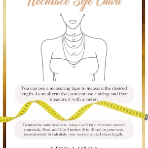 May include: Necklace size chart with a diagram showing necklace lengths from 14 to 24 inches. Includes instructions on how to measure neck size using a measuring tape or string. The chart is in a gold frame.