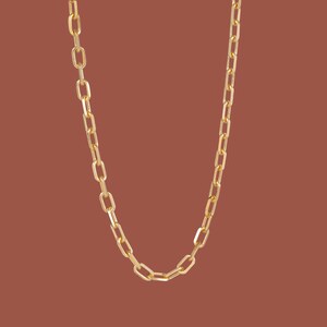 May include: A gold chain necklace with a classic link design.