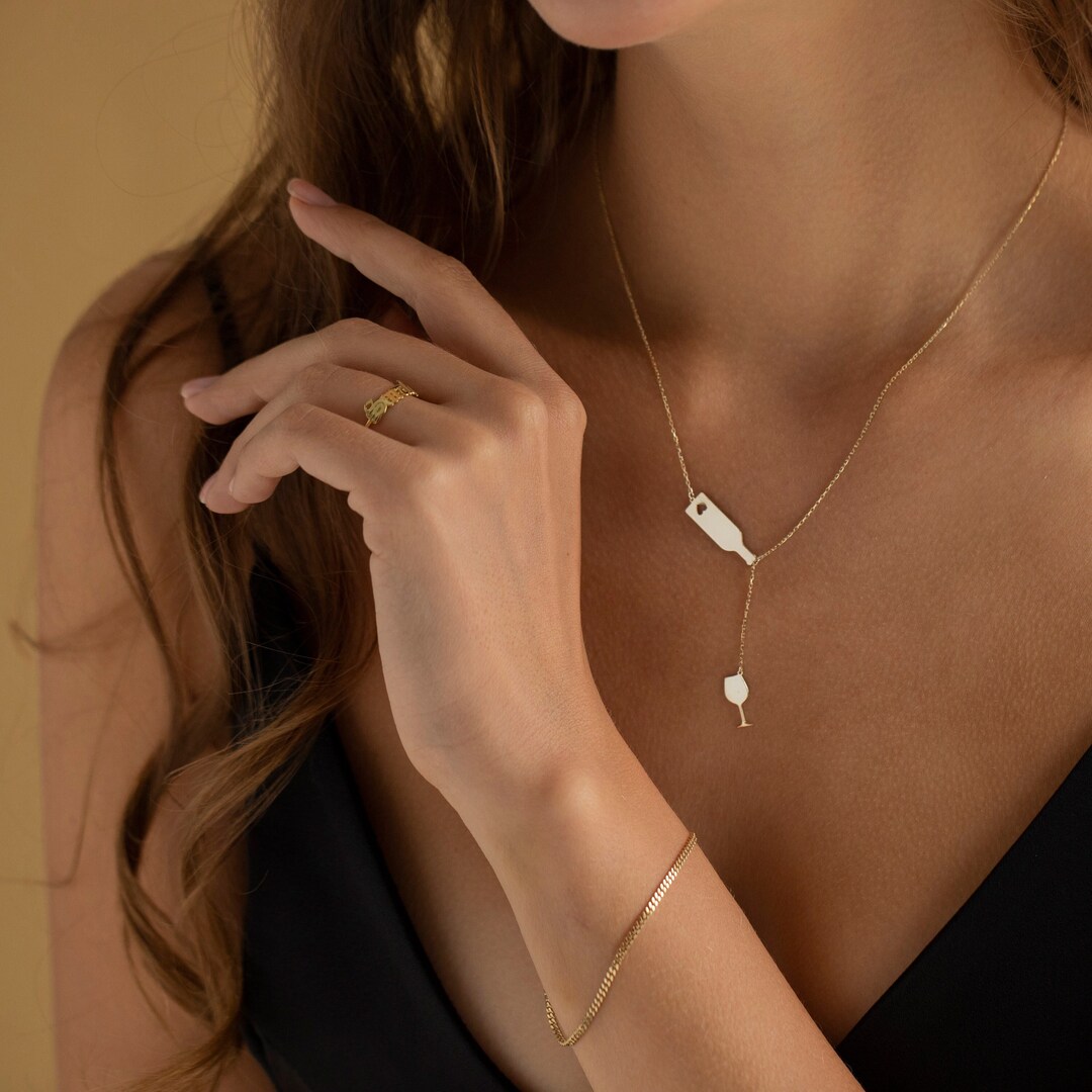 Wine Lover Gift, 14K Gold Wine & Glass Necklace Wine Gifts for Women, Y