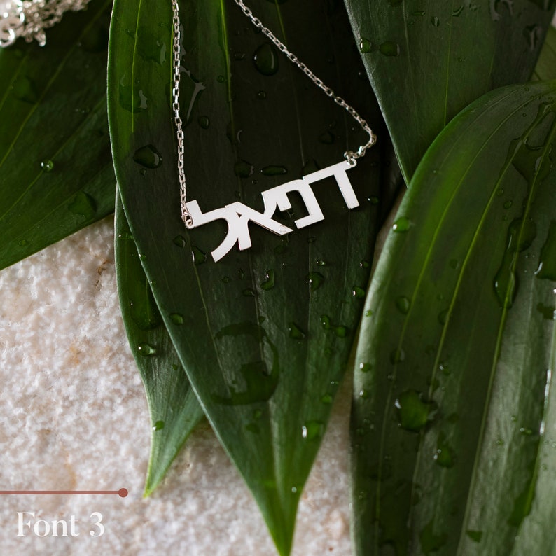 May include: A silver necklace with the Hebrew word "דוד" (David) in a modern font style. The necklace is displayed on a green leaf background.