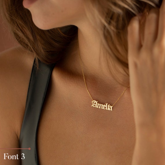 14K Gold Name Necklace, Old English Name Necklace Gothic Name Necklace,  Goth Necklace Nameplate Necklace, Personalized Name Necklace