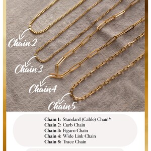 May include: Five different gold chain styles, labeled Chain 1 through Chain 5. Chain 1 is a standard cable chain, Chain 2 is a curb chain, Chain 3 is a figaro chain, Chain 4 is a wide link chain, and Chain 5 is a trace chain. The text "Chain Options" is at the top of the image. The text "APOLLONIA" is at the bottom of the image.