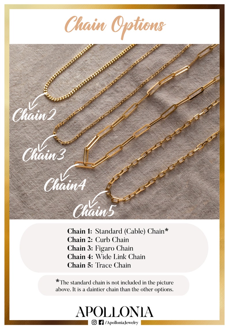 May include: Five different gold chain styles, labeled Chain 1 through Chain 5. Chain 1 is a standard cable chain, Chain 2 is a curb chain, Chain 3 is a figaro chain, Chain 4 is a wide link chain, and Chain 5 is a trace chain. The text "Chain Options" is at the top of the image. The text "APOLLONIA" is at the bottom of the image.