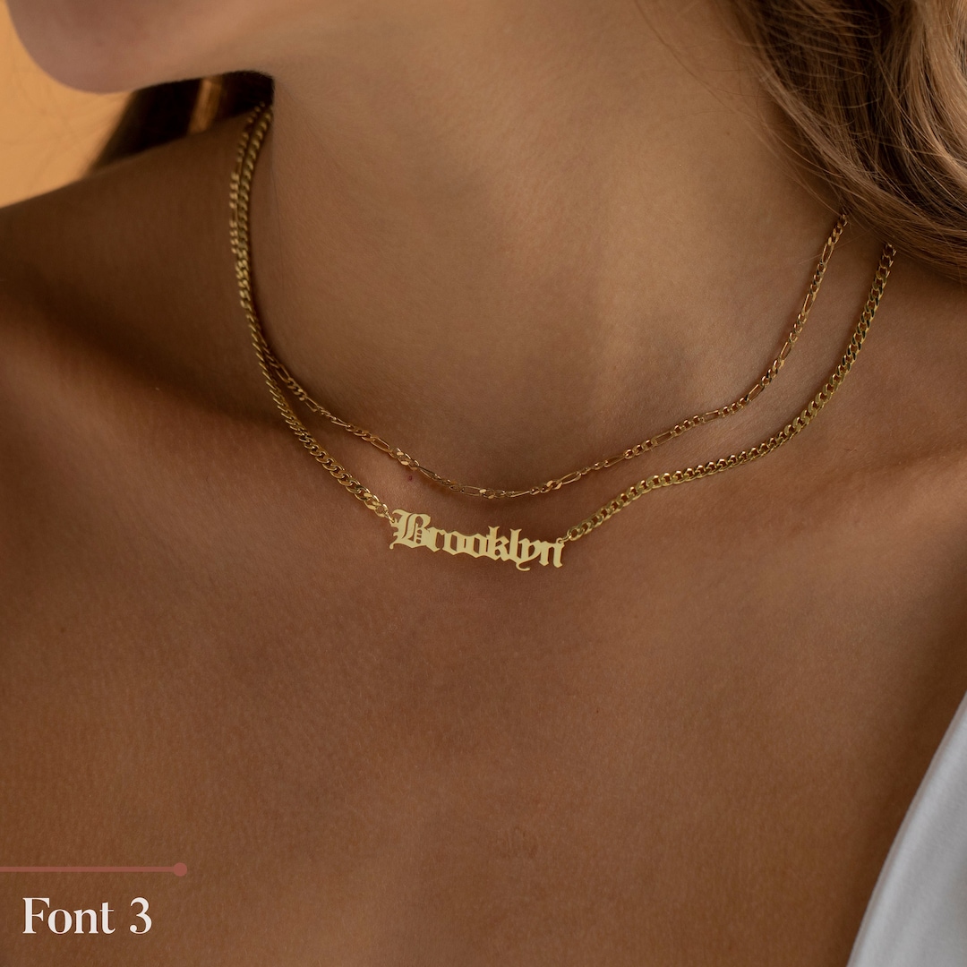 14K Gold Name Necklace Old English Name Necklace Gothic Name