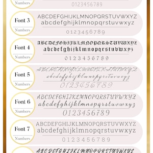 May include: A chart showing eight different font options for jewelry personalization. Each font is shown with uppercase and lowercase letters, numbers 0-9, and the name of the font. The chart also includes a section for symbols and zodiac signs.