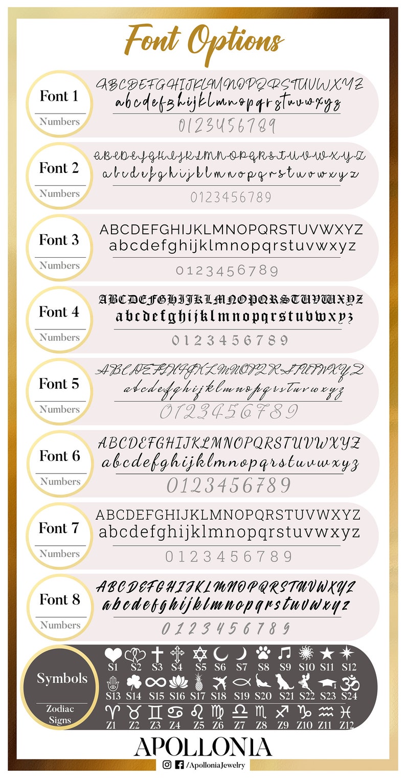 May include: A chart showing eight different font options for jewelry personalization. Each font is shown with uppercase and lowercase letters, numbers 0-9, and the name of the font. The chart also includes a section for symbols and zodiac signs.