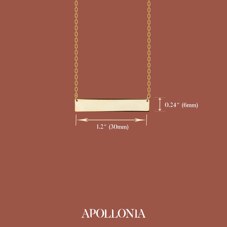 May include: Gold bar necklace with a 1.2 inch (30mm) long bar and a 0.24 inch (6mm) width. The necklace is made of gold chain.