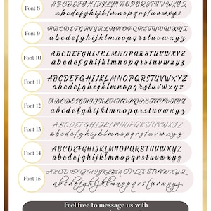 May include: A chart with 10 different font styles for lettering. Each font style is labeled with a number from 8 to 15. The chart shows the uppercase and lowercase letters of the alphabet in each font style. The chart also includes the text "Feel free to message us with any custom order requests." and the logo "APOLLONIA" with the social media handle "/ApolloniaJewelry".