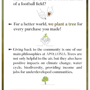 May include: A green graphic of a tree with the text "We Give Back" in gold letters. The text below explains that for every purchase made, a tree is planted. The text also states that every 1.2 seconds, an area of forest the size of a football field is destroyed.