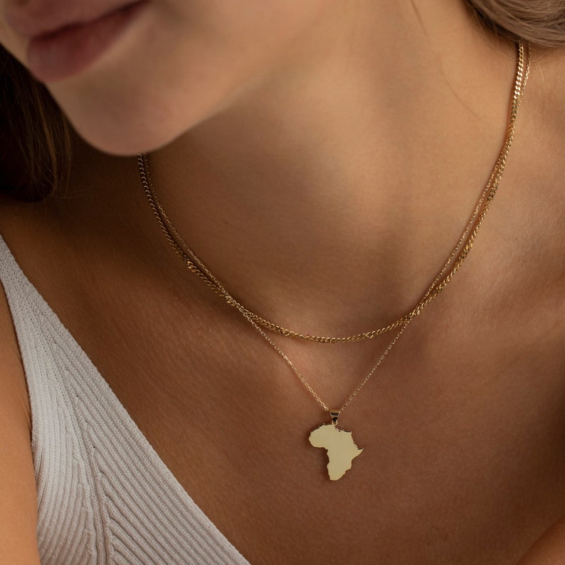 14K Gold Africa Necklace, Gold Vermeil African Necklace | Africa Pendant, Travel Necklace | Everyday Necklace, Silver Africa Necklace Women image 1