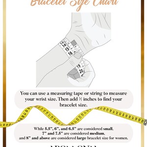 May include: A diagram showing how to measure your wrist for a bracelet. The image shows a hand holding a measuring tape around the wrist. The text reads "You can use a measuring tape or string to measure your wrist size. Then add &frac12; inches to find your bracelet size."  The text also states that 5.5", 6", and 6.5" are considered small, 7" and 7.5" are considered medium, and 8" and above are considered large bracelet size for women. The image also includes the text "APOLLONIA" and a social media handle for the brand.