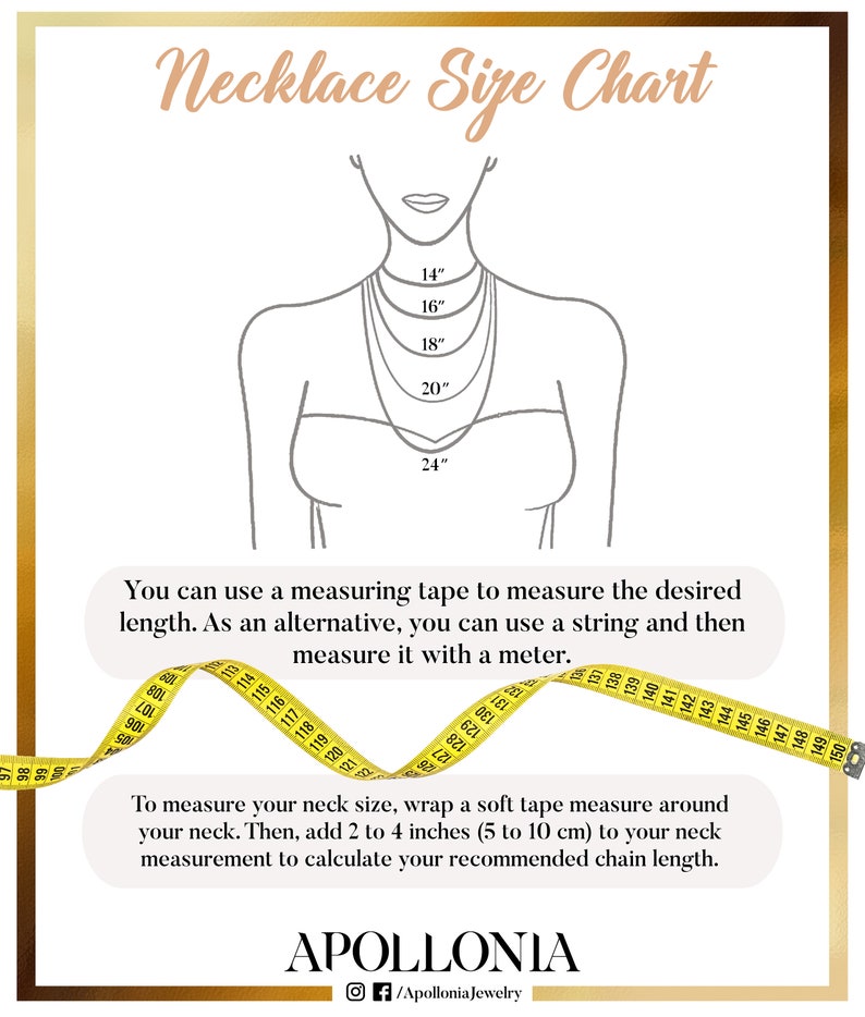 May include: Necklace size chart with a line drawing of a person wearing necklaces of different lengths. The chart shows measurements in inches from 14 to 24 inches. A yellow measuring tape is shown with numbers from 80 to 150.