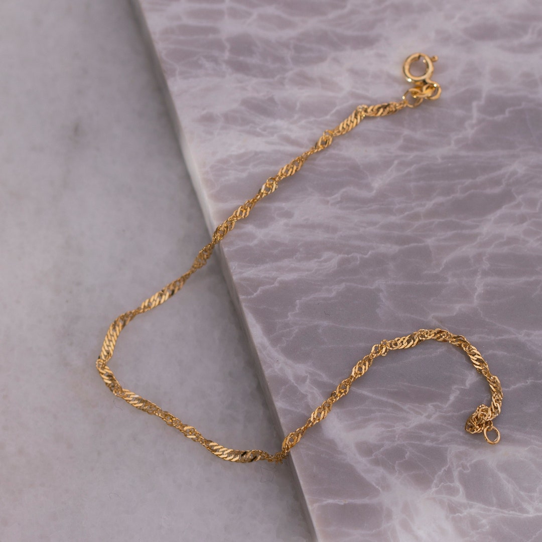 14K Thin Gold Chain Bracelet, Singapore Chain Bracelet Simple Gold