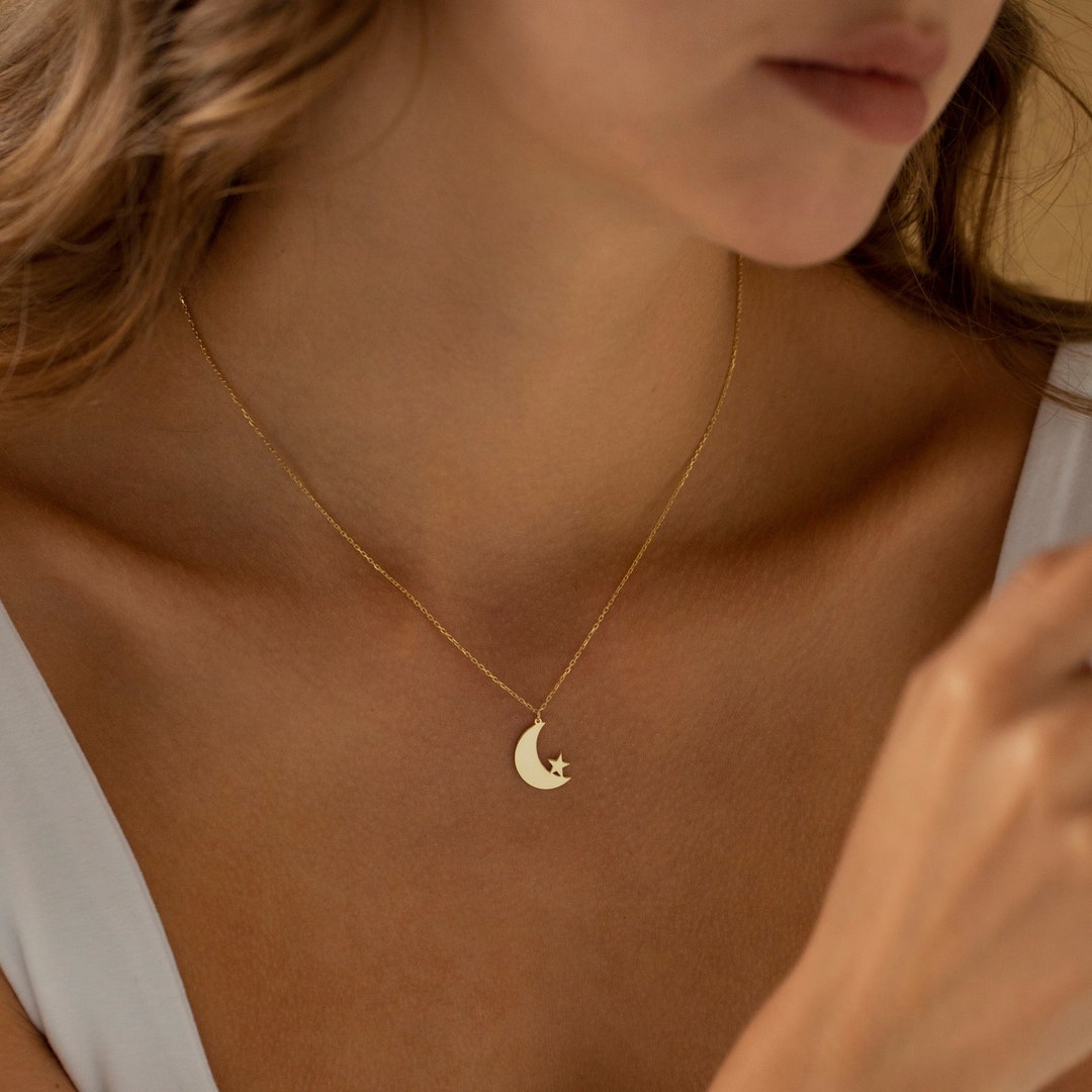 Dainty Moon and Star Necklace, 14K Gold Celestial Necklace | Crescent
