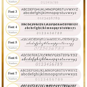 May include: A chart showing eight different font options for jewelry personalization. Each font is shown with uppercase and lowercase letters, numbers 0-9, and the name of the font. The chart also includes a section for symbols and zodiac signs.