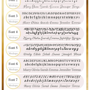 May include: A chart showing seven different font options for a necklace. The fonts are shown in uppercase and lowercase letters, along with the name "Mary Olivia Sarah Emma Jennifer Teresa". The chart also includes a "Featured Font" option, which is the font used on the necklace in the first photo.