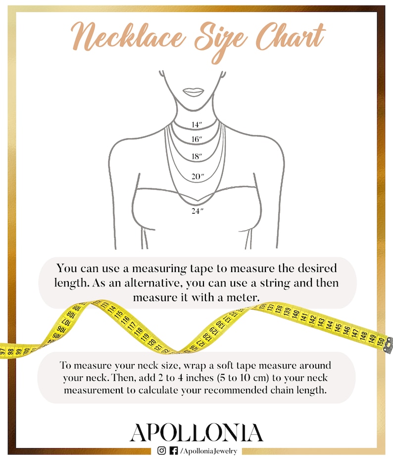 May include: Necklace size chart with a line drawing of a person wearing necklaces of different lengths. The chart shows measurements in inches from 14 to 24 inches. A yellow measuring tape is shown with numbers from 80 to 150.
