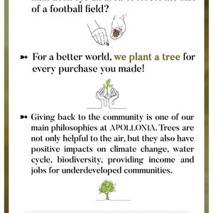 May include: An informational graphic with the text "We Give Back" and details about planting trees for every purchase. The graphic includes illustrations of hands and trees, and the APOLLONIA logo.