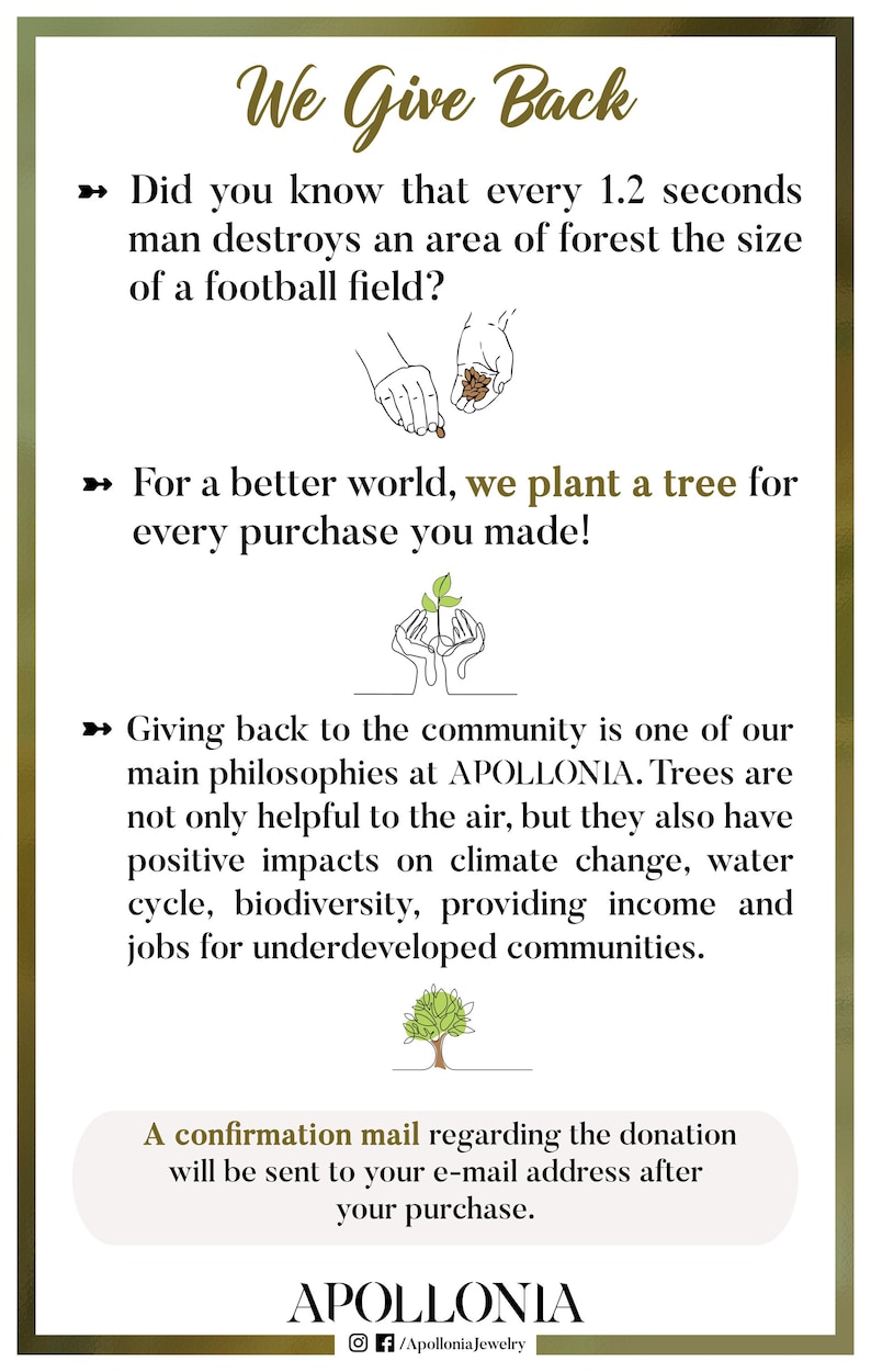 May include: An informational graphic with the text "We Give Back" and details about planting trees for every purchase. The graphic includes illustrations of hands and trees, and the APOLLONIA logo.