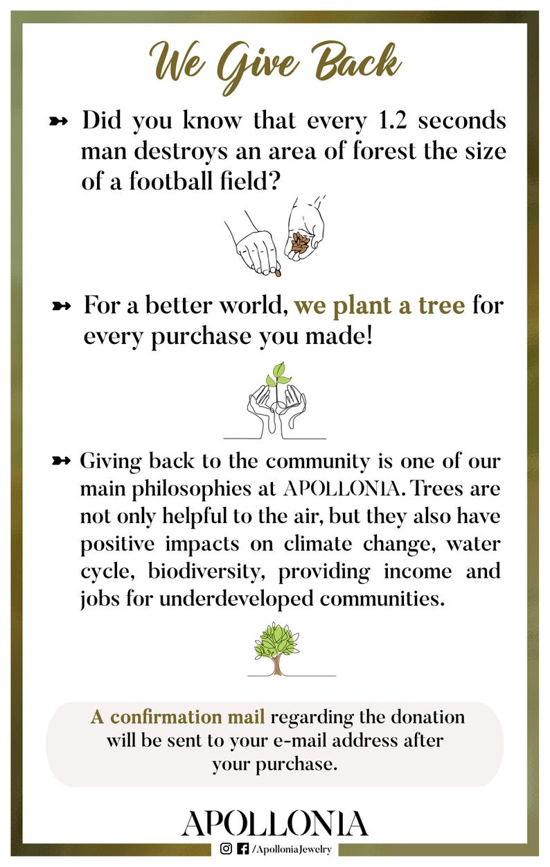 May include: An informational graphic with the text "We Give Back" and details about planting trees for every purchase. The graphic includes illustrations of hands and trees, and the APOLLONIA logo.