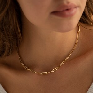 May include: A gold-colored paperclip chain necklace. The necklace is made of elongated rectangular links. The necklace is worn around the neck and rests on the chest. The background is a blurred image of a person's skin.