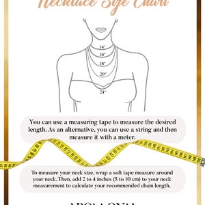 May include: Necklace size chart with a diagram showing necklace lengths from 14 to 24 inches. Includes instructions on how to measure neck size using a measuring tape or string. The chart is in a gold frame.