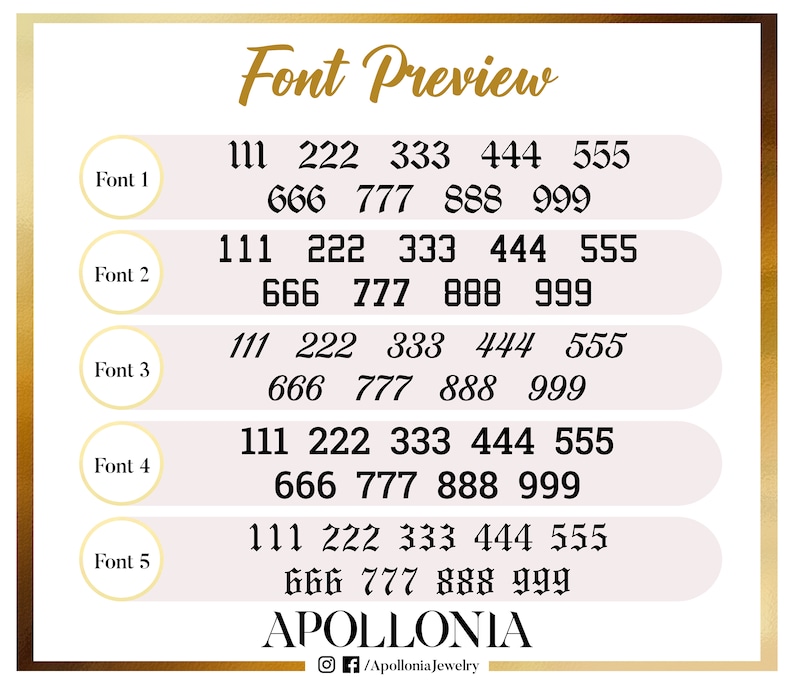 May include: A graphic showing five different font styles with the numbers 111, 222, 333, 444, 555, 666, 777, 888, and 999. The text "Font Preview" is at the top of the graphic. The text "APOLLONIA" is at the bottom of the graphic.
