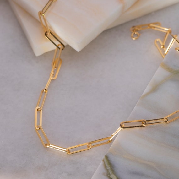 14K Gold Paperclip Chain Necklace, Thick Chain Necklace | Paper Clip Necklace, Gold Link Necklace | Chain Choker Necklace, 925 Silver Chain