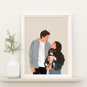 Custom Couple Illustration, Faceless Portrait Print, Personalized Gift for Her, Couple with Pet, Portrait Drawing from Photo, Couple Gift