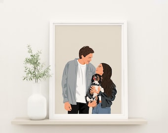 Anpassat parporträtt med husdjur: Familjeillustration, teckning från foto, present till par