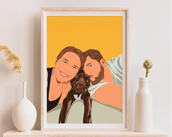 Framed Custom Family with Pet Portrait : Hand-Drawn Digital Illustration Gift