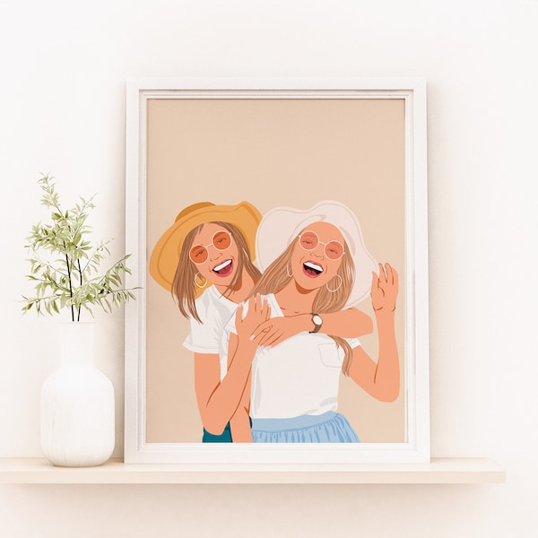 Custom Best Friend Portrait, Personalized Illustration, Birthday Gift for Friend