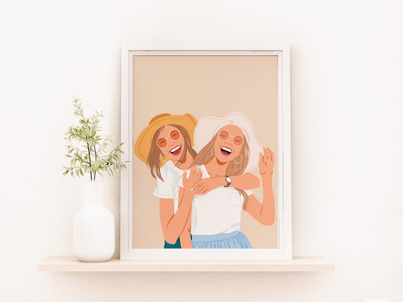 May include: Two women wearing hats and sunglasses are laughing and hugging. The woman in the front is wearing a white hat and a white shirt. The woman in the back is wearing a straw hat and a white shirt. The background is a light brown color.