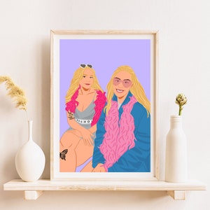 May include: A digital illustration of two women with blonde hair. The woman on the left is wearing a pink feather boa and a gray dress. The woman on the right is wearing a blue jacket with a pink feather boa. The background is a light purple color.