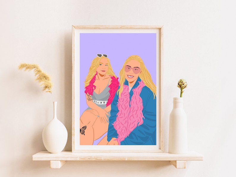 May include: A digital illustration of two women with blonde hair. The woman on the left is wearing a pink feather boa and a gray dress. The woman on the right is wearing a blue jacket with a pink feather boa. The background is a light purple color.