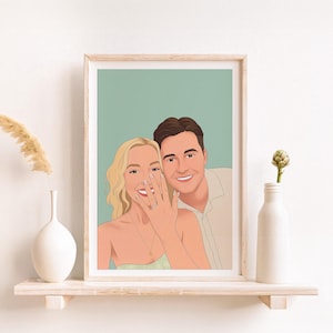 Pode incluir: Ilustração digital emoldurada de um casal sorrindo. A mulher está usando um top sem alças e um anel é visível em seu dedo. O homem está usando uma camisa abotoada. O fundo é de cor verde-azulado claro.