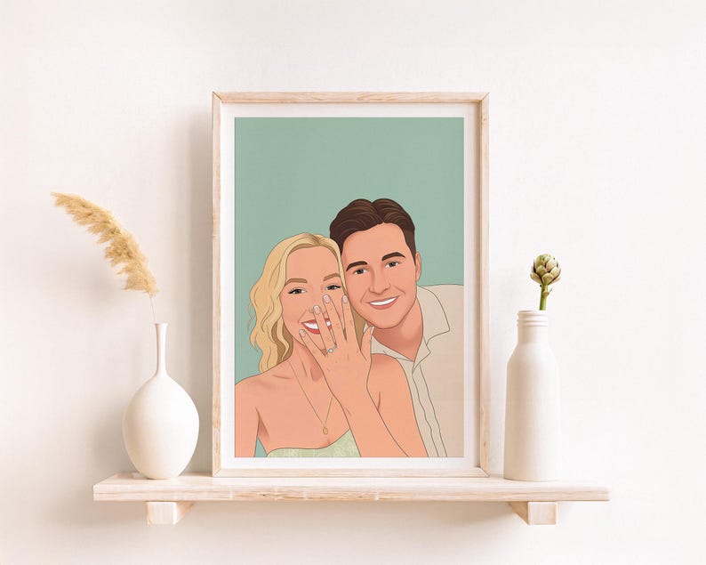 May include: A framed digital illustration of a smiling couple. The woman is wearing a strapless top and a ring is visible on her finger. The man is wearing a button-down shirt. The background is a light teal color.
