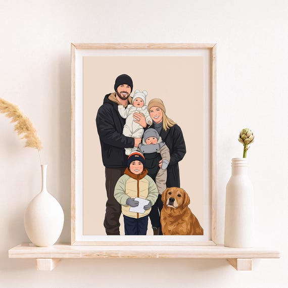 Personalized Family Portrait, Custom Illustration With Pet, Cartoon Portrait From Photo, Gift for Parents