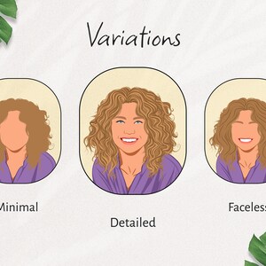 May include: Three variations of a cartoon portrait of a person with curly brown hair wearing a purple shirt. The first image is minimal and shows only the outline of the person's face. The second image is detailed and shows the person's face with a smile. The third image is faceless and shows only the person's hair and shirt.