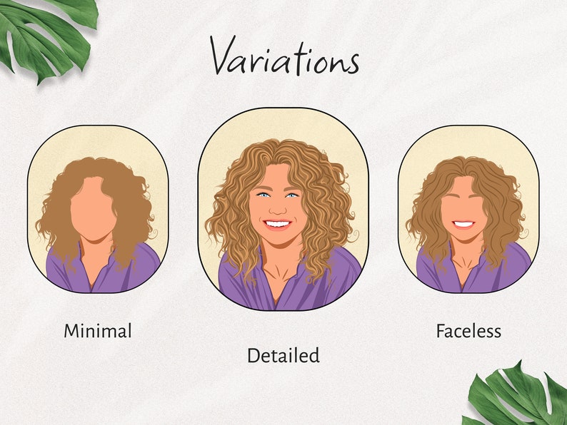 May include: Three variations of a cartoon portrait of a person with curly brown hair wearing a purple shirt. The first image is minimal and shows only the outline of the person's face. The second image is detailed and shows the person's face with a smile. The third image is faceless and shows only the person's hair and shirt.
